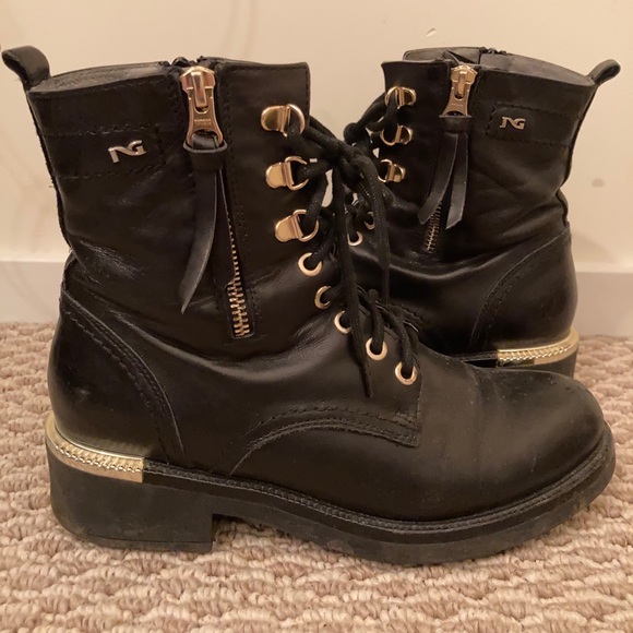 Black Combat Boots with Gold Accents - Picture 2 of 6